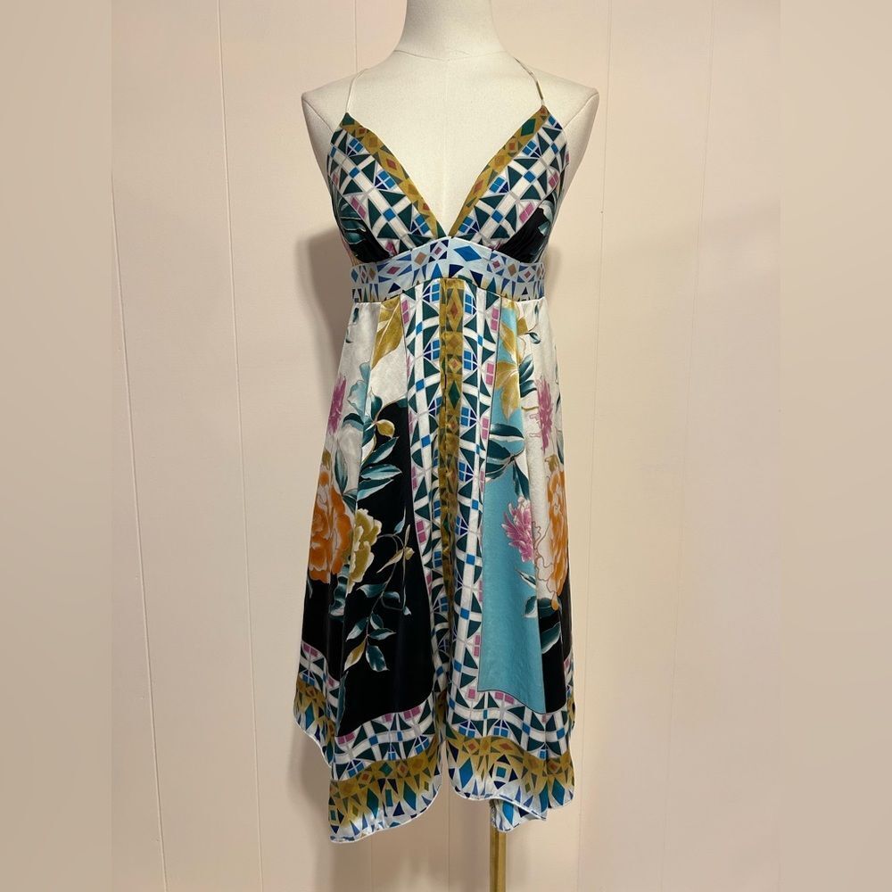 Floral Geometric Print Spaghetti-Strap Dress in Teal & Black